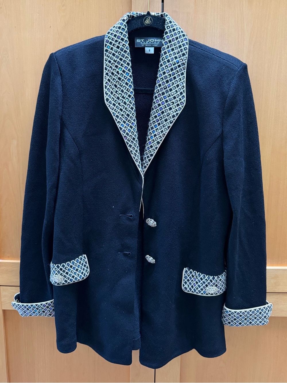 St. John Black Jacket with Cream Geometric Trim